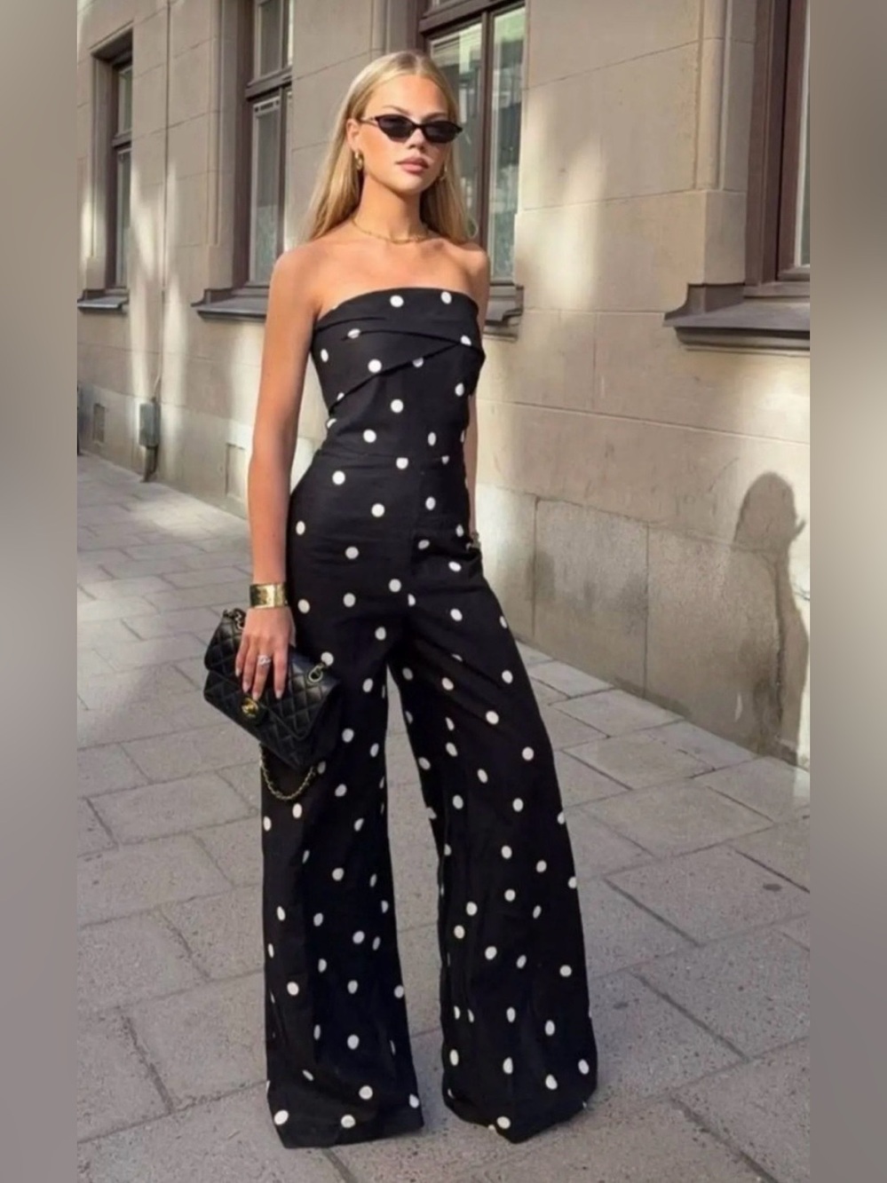 Sezane Editions Stella polka dot strapless trouser jumpsuit